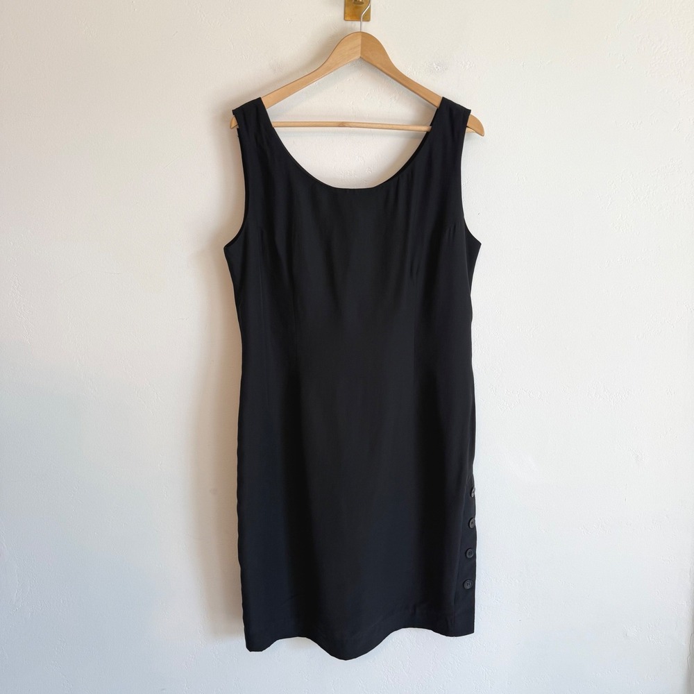 Vintage Nancy Crystal 100% Silk Shift Dress 14 Black 90s Minimalist LBD Classic